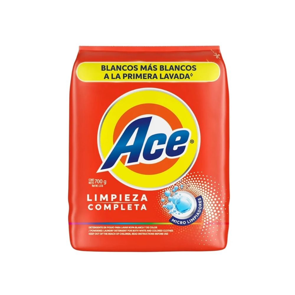 Detergente en Polvo ACE Limpieza Completa Bolsa 700g